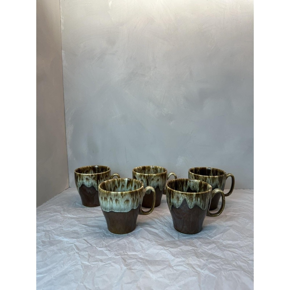 Vintage MCM cannonsburg USA brown drip glaze pottery mugs s/5  3.5"